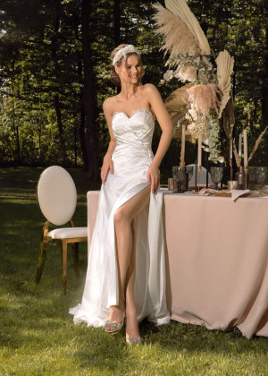 Strapless Beaded Ivory Satin Lace Slit Minimalist Wedding Dress Strapless Beaded Ivory Satin Lace Slit Minimalist Wedding Dress
